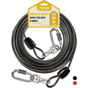 Petbobi Heavy-Duty Dog Tie-Out Cable - 50FT Extra Strong Wire Cable for Large Pets Up to 300Lbs, Rust Proof Dogs Leash with Carabiners and 360 Swivel, Pet Leads for Yard Camping Outside, Black
