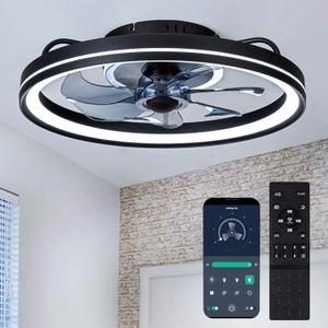 zouzai Low Profile Ceiling Fan with Lights and Remote, 18.9 inch Modern Ceiling Fans Flush Mount, Dimmable LED Fan Light, Ceiling Fans with Lights for Bedroom (Black, Frosted Ring) (Style 1)