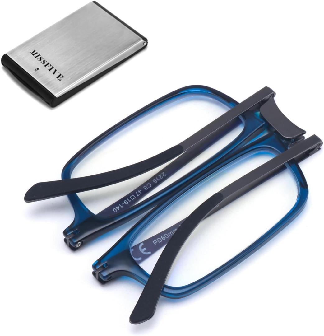 Missfive Premium Folding Reading Glasses Blue Light Blocking for Men Women, Ultra Thin Foldable Portable Travel Readers with Durable Pocket Metal Case, Compact Eyewear 2.5x