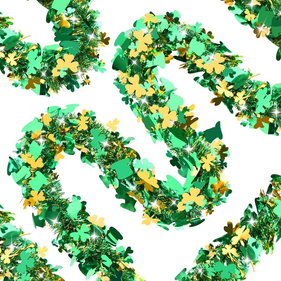 50FT St. Patrick's Day Tinsel Garland Shamrock Hat Green Gold Metallic Tinsel Twist Garland for Irish Saint Patricks Day Party Home Decor Indoor Outdoor Decoration