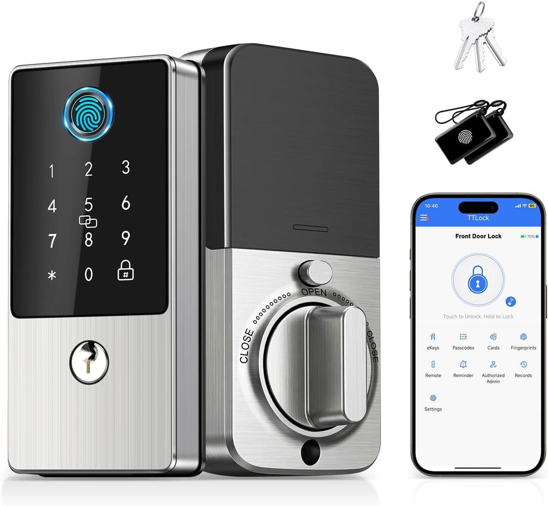 Smart Deadbolt Lock, Keyless Entry Door Lock with Keypad, Biometric Fingerprint Smart Lock for Front Door & Home Rental, App Control, Auto Lock, Long Battery Life, Nickel