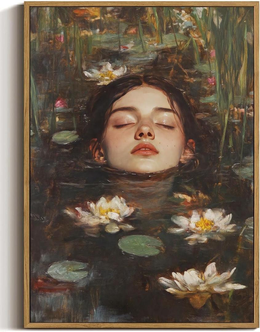 Lotus Pool Woman Framed Canvas Wall Art 16x24 inch, 16"x24" Natural