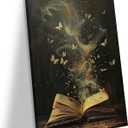 Framed Black College Style Mysterious Book Canvas Wall Art Fantasy Butterfly Poster Print Picture Artwork Magic Story Book Canvas Painting Living Room Bedroom Gallery Decor 24x16 Inch Ready To Hang