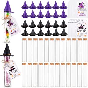 Bokon 24 Sets Halloween DIY Candy Tube Kit with Purple Black Witch Hats Empty Glass Test Tubes with Corks Card Mesh Fabric and Twine for Party Favors Treat or Trick Crafts Halloween Party Decorations