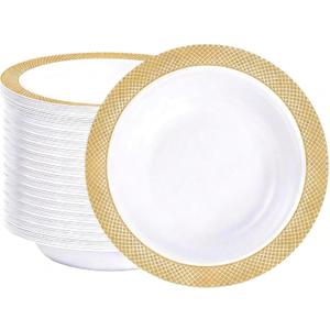 I00000 100 Gold Plastic Bowls, 12 oz White Disposable Bowls, Fancy Plastic Salad Bowl, Premium Heavy Duty Disposable Soup Bowl for Parties, Weddings, Dinners, Catering, Picnics