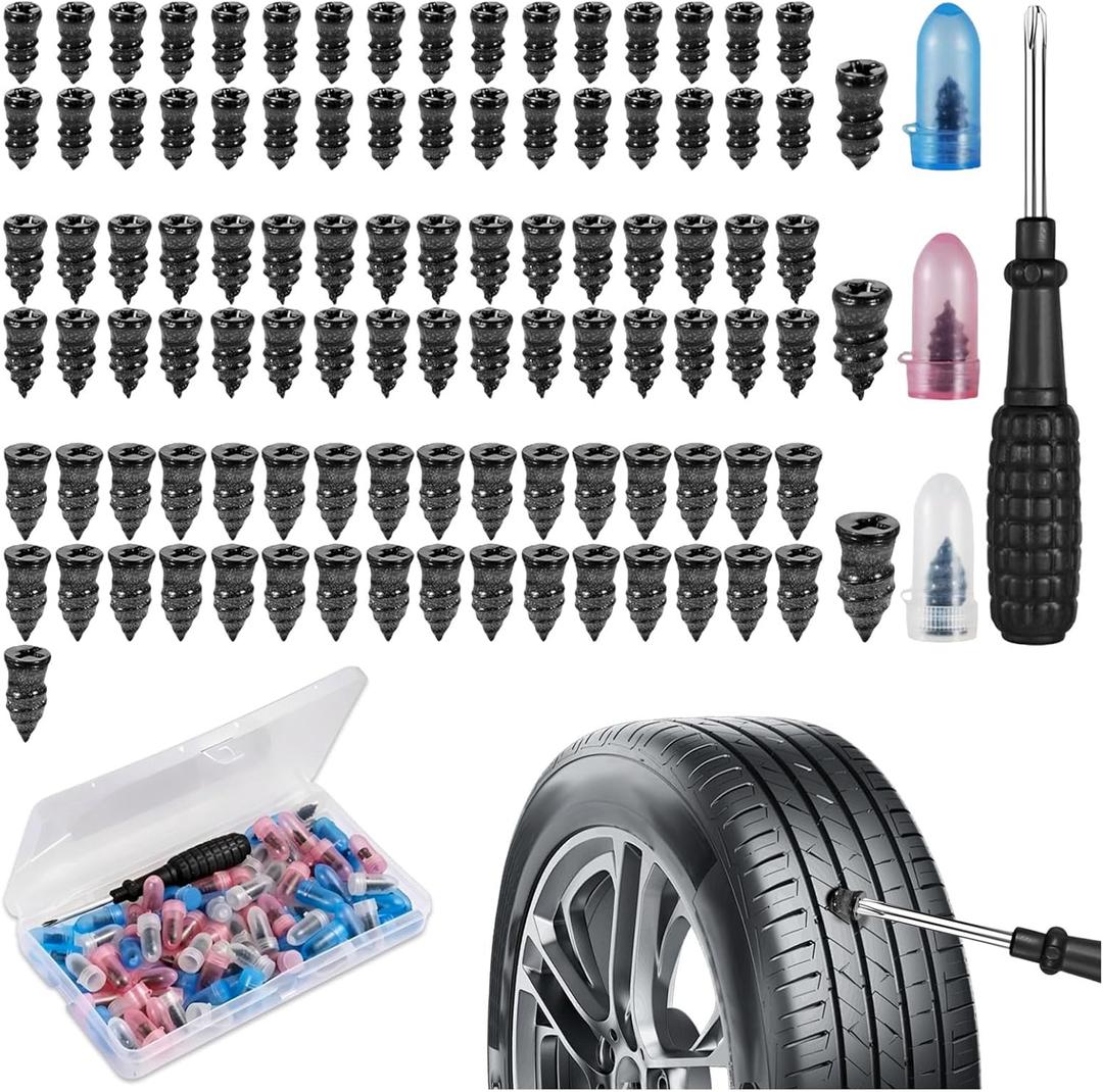 EWOJUYE 100PCS Car Tire Repair Rubber Nail Kit,Self-Service Tire Plugs Kit with Screwdriver,Carbon Steel Screw in Tires Plugs as Tires Repair Kits for Quick Puncture Repairs on Truck/Car