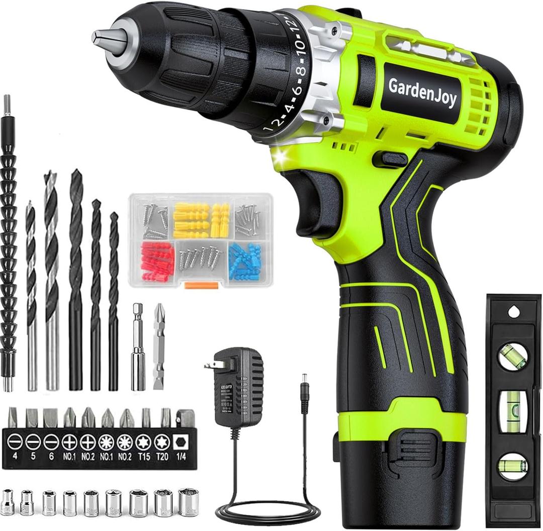GardenJoy Cordless Power Drill Set: 12V Electric Drill with Battery and Charger, 65pcs Accessories, 3/8"Keyless Chuck, 2 Variable Speed, 24+1 Position, Compact Drill Driver Kit for Home & DIY Project