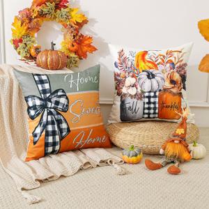 2 x Artscope Fall Decorative Throw Pillow Covers 20x20 Inch Set of 4 Fall Gifts for Home Decor, Autumn Pumpkin Sweet Home Thankful Grateful Blessed Outdoor Farmhouse Pillow Cases for Sofa Couch-Grey