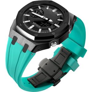 Ga2100 Watch Strap Case Mod Kit Parts,Black Smooth Metal Case Modify Custom Replace Silicone Watch Band Strap Compatible With Casio G shock Ga-2100/Ga-2110/GA-B2100 (Black Case Sea Blue Strap Round-FBA)