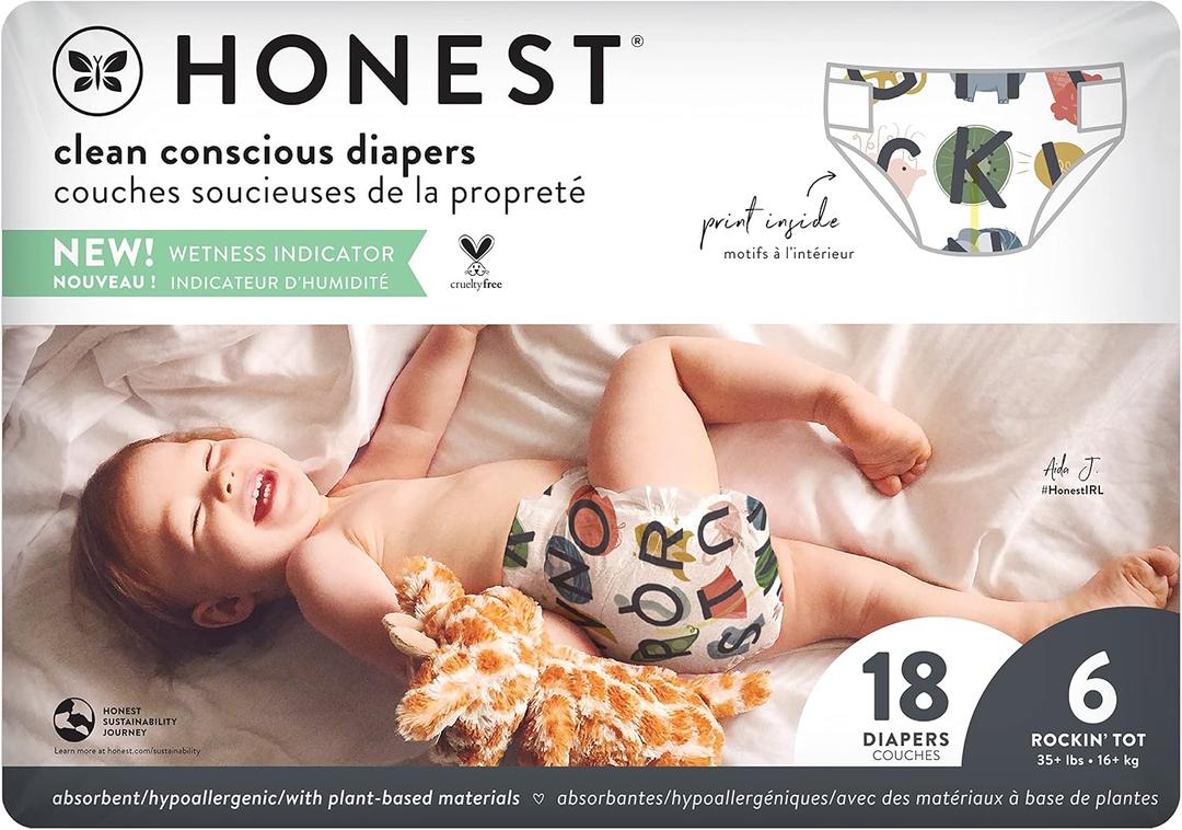 The Honest Company Comfort Dry Disposable Daytime Diapers for Sensitive Skin, Up to 100% Leakproof, Hypoallergenic, Fragrance Free, So Delish, Polybag, Size 6 (35+ lbs), 18 Count
