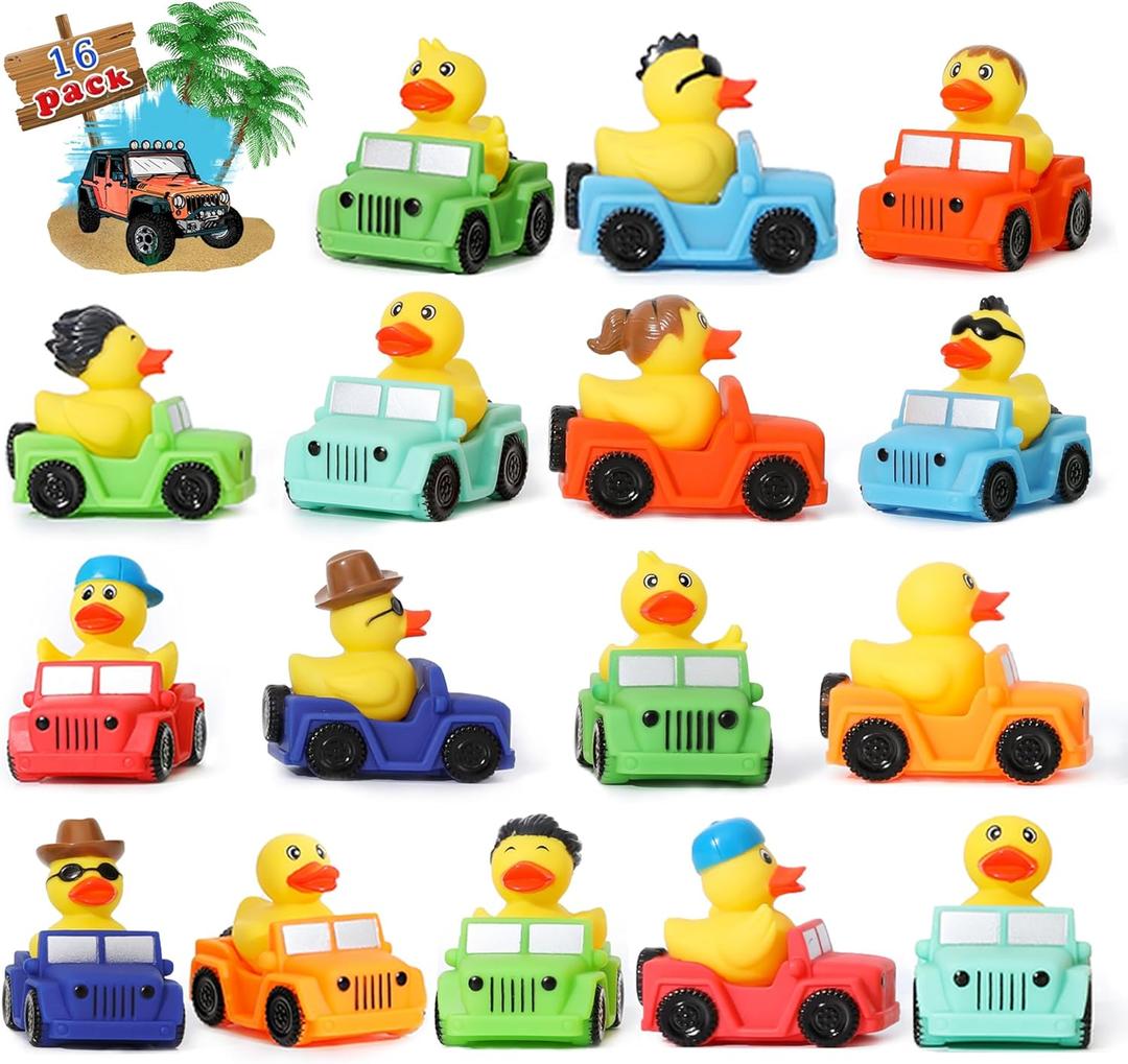 XY-WQ 16 Pack Rubber Duck for Jeeps Ducking - 3" Bulk Floater Duck for Kids - The Shape of a Vehicle - Baby Bath Toy Assortment - Party Favors, Birthdays, Bath Time, and More (8 Varieties)