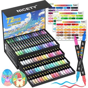 NICETY 144 Colors Acrylic Paint Markers  72 Pack Dual Tip Acrylic Paint Pens with Brush Tip, Water-Based Quick-Dry Non-Bleed Paint Markers for Rock, Wood, Glass, Ceramic, Fabric, and Canvas