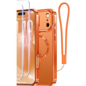 Meifigno Designed for iPhone 17 Pro Case 6.3", [Glitter Card & Wrist Strap] [Compatible with MagSafe] [2X HD Screen Protectors] Surround Raised Lens Protection for 17 Pro Case for Women, Cosmic Orange