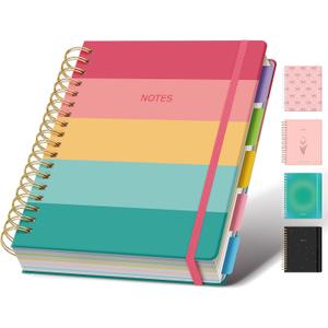Hardcover Spiral Notebook Journal for Women & Men, Cute 5 Subject Notebook College Ruled for School & Work, Journaling Notebooks with Removable Dividers Tabs, 8" x 10", 300 Pages, Happy Stripes