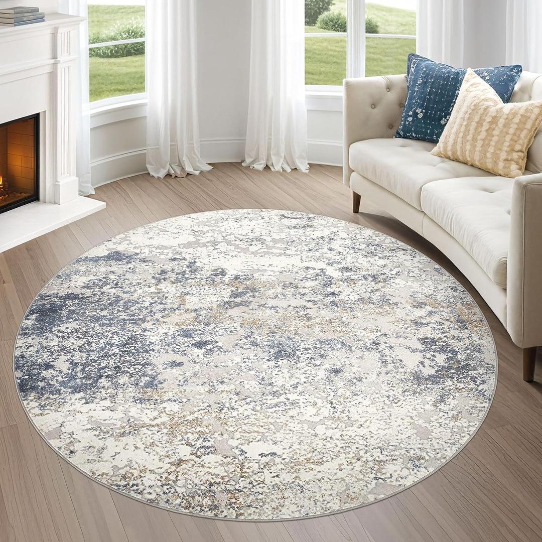 6ft Round Area Rug Living Room Rugs - 6x6 Washable Large Soft Indoor Neutral Modern Abstract Low Pile Rug Carpet for Bedroom Dining Room Farmhouse Home Office - Beige Blue