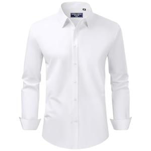 Alimens & Gentle White Button Down Shirt Men Regular Fit Stretch Stain Shield Long Sleeve Solid Party Wedding Shirts, White, Medium
