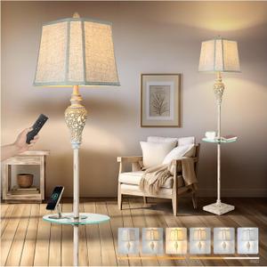 Rustic Floor Lamp, Living Room Lamps with Glass Tray, stepless diming Floor Lamp with Remote Control and USB A&C Charging Ports for Living Room Bedroom Office Smart Bulbs Included (Cream-with Remote Control)