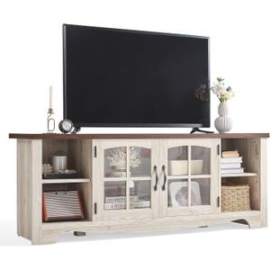 LINSY HOME Farmhouse TV Stand for 65 Inch TV, Wood Entertainment Center with Glass Door Storage Cabinet & Adjustable Shelves, Large Sturdy TV Console Table for Living Room Bedroom (58", Washed Grey & Brown)