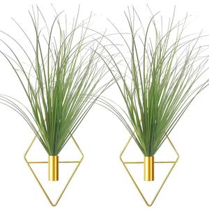 Hanging Planters with Artificial Plants, 2pcs Diamond Shape Metal Hanging Vase with Artificial Shrubs Wheat Grass Greenery Indoor Plants Holder Wall Decor for Home Living Room Bedroom Office (Gold)