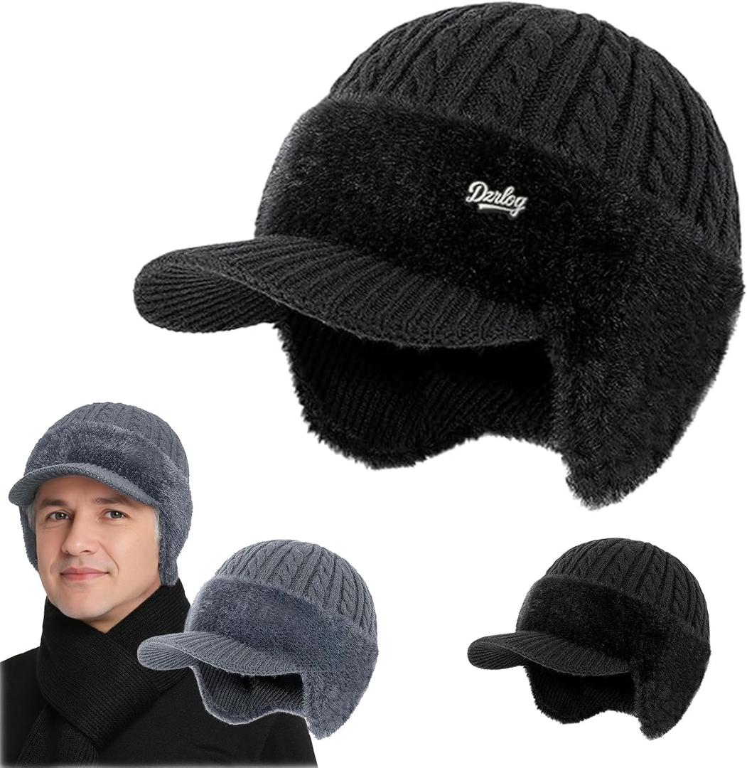 Blocking Knitted Hats with Ear Flaps and Wool Brim, Outdoor Warm Fleece Lined Knit Hat Stocking Caps for Men Women