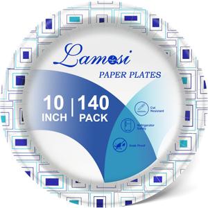 Lamosi 10 Inch Disposable Paper Plates 140 Pack, Printed Large Paper Plates Soak and Cut Proof for Picnic, Party and Daily Use