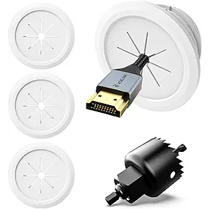 VCELINK TV Cord Hider for Wall Mounted TV, 2.36" (60 mm) Mini White Cable Management Kit Hides TV Wires Push Type, 4 Pack Wall Cord Pass Throughs and 1 Hole Saw Drill Ideal for Mounted TVs, Desks