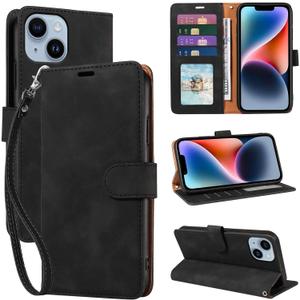  iPhone 14 Wallet Case, [RFID Blocking 4 Card Slots] [Kickstand] [Wrist Strap] [Magnetic Closure] Soft PU Leather Shockproof Protective Flip Cover for iPhone 14 Case 6.1 Inch (Black)