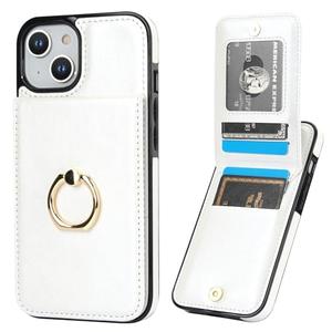 KIHUWEY for iPhone 13/14 Case Wallet with Credit Card Holder, 360° Rotation Ring PU Leather Magnetic Clasp Kickstand Heavy Duty Protective Cover for Women and Men 6.1 Inch (White)