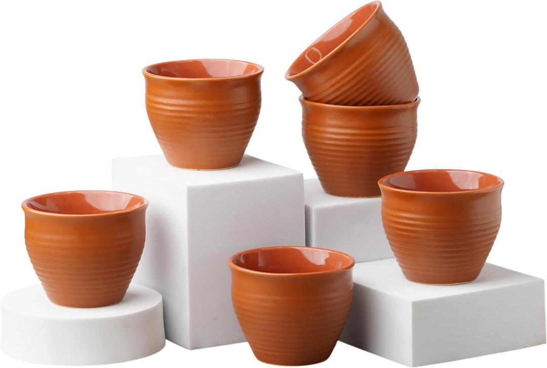 Handmade Cantaritos de Barro Mini Shot Ceramic Cups Set 6 Desi Kulhad Chai/Coffee Cups (4 oz Capacity), Lead-Free, Dishwasher & Microwave Safe, Glossy finish Clay Tea Cups/kulhar/kullar - Brown