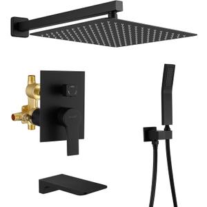 SHAMANDA Shower System with Waterfall Tub Spout and Handheld Shower Head, 12" Rain Shower Faucet Sets Complete with Shower Round-in Valve and Trim, Wall Mounted, Matte Black, L1001-7