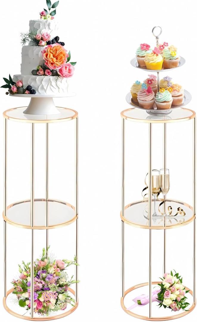 2PCS 2 Tier Round Gold Cake Stand for Party, Tall Metal Pedestal Stands for Display Decoration, Flower, Plant, Birthday, Wedding, Baby Shower, Bridal Shower, Cylinder Column for Desserts (11 x 11 x 31 Inches (l x w x h))