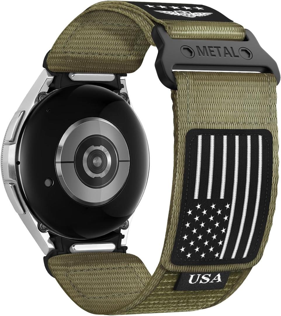 Rugged Nylon Band for Samsung Galaxy Watch 6 Classic 47mm 43mm/5 Pro 45mm/Watch 7 FE 6 5 4 44mm 40mm/4 Classic 46mm 42mm,One Click Attachment,No Gap Fabric Sport Band Adjustable Strap for Men Women,S (Large(165-190mm), ArmyGreen)