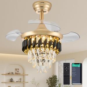 30 Inch Retractable Blade Dimmable Fandelier Ceiling Fan with Light, Crystal Chandelier Ceiling Fan with APP/Remote Control, 6-Speed, Quietness, Reversible for Bedroom, Living Room, Gold