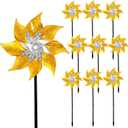 Hausse 10 Pack Reflective Pinwheels with Stakes, Extra Sparkly Pin Wheel for Garden Decor, Bird Repellent Devices Deterrent to Scare Birds Away from Yard Patio Farm, Golden