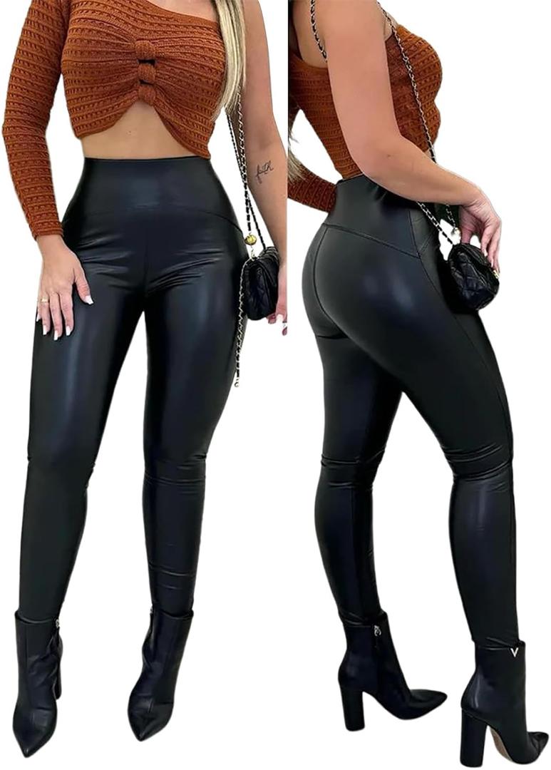 CHICME Womens Stretch Faux Leather Pants High Waist Curved Fleece Lined Tights Pants PU Leather Leggings (Large, Black)