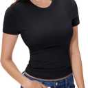 YUCOLEN Double Lined Short Sleeve Tops for Women Basic Crew Neck Slightly Crop T Shirts Workout Going Out Fitted Y2K Tee 2025 (Large, Black)