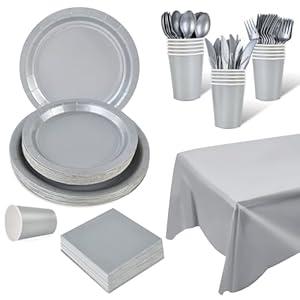 Ottin 169PCS Silver Christmas Party Supplies for 24 Guests Disposable Paper Plates, Napkins, Cups, Forks, Knives, Spoons & Tablecloth for Birthday, Wedding, Thanksgiving, Christmas, New Year