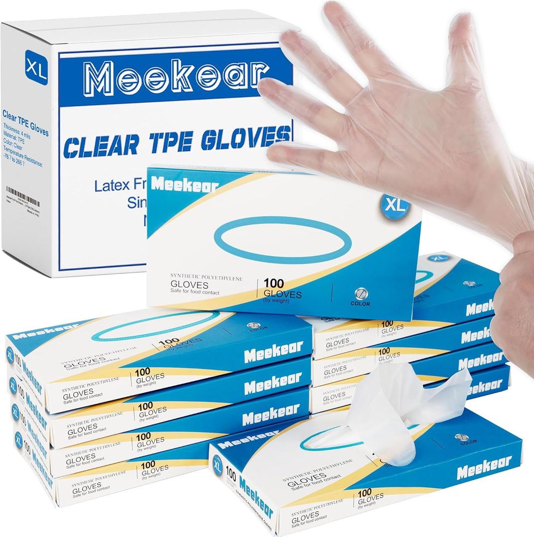 Meekear 1000 PCS TPE Disposable Gloves, X-Large Clear Latex-free & Powder-Free Food Safe Cleaning One-time-use Gloves, X-Large, 4 Mil