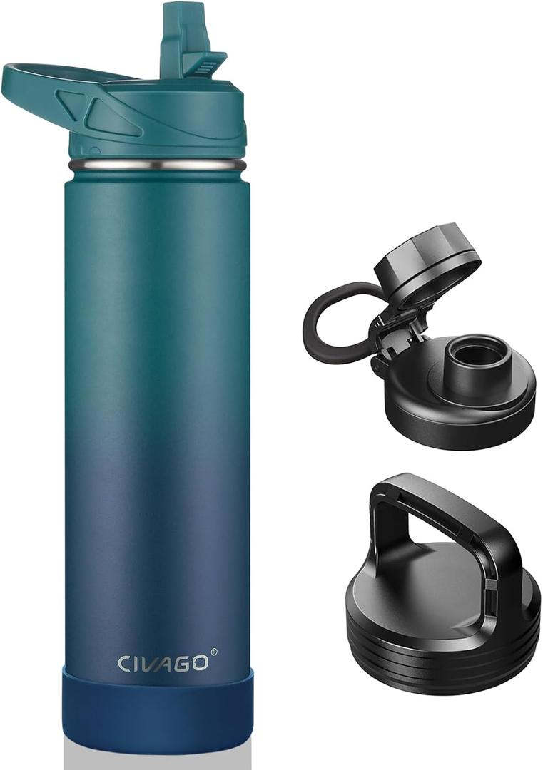 CIVAGO 24 oz Insulated Water Bottle With Straw, Stainless Steel Sports Water Flask Cup with 3 Lids (Straw, Spout and Handle Lid), Double Walled Travel Thermal Canteen Mug, Dark Night (Classic Deep Cyan)