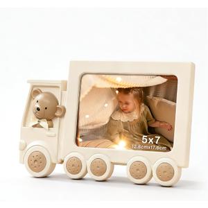 5x7 Kids Picture Frame, HD Glass Tabletop or Wall Horizontal Display, White Plastic Toy Car Frame, Girl and Boy Children's