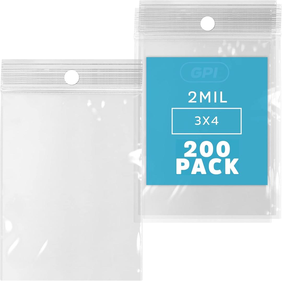 3" x 4" Small Clear Reclosable Zip Bags, 2 Mil, Case of 200  Durable Plastic Poly Baggies with Hang Hole for Display, Resealable Zip Top Lock for Jewelry, Beads, Seeds, Storage & Packaging  GPI