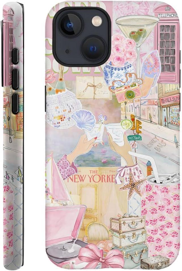 Generic Case Compatible with iPhone 14,Scratch Resistant Hybrid 2-Layer Hard Shell Phone Case,Pink Vintage Aesthetic Collage