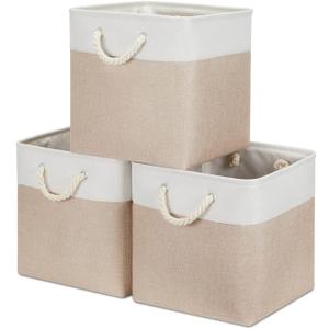 Bidtakay Fabric Storage Baskets for Organizing Beige 13 Inch Collapsible Square Baskets 3 Pack Organization Bins Large Cube Storage Bins Closet Baskets for Shelves Clothes