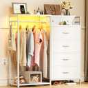 KKL Dresser for Bedroom with Clothes Hanging Rack, Reversible Bedroom Dresser with Shoe Rack & 6 Fabric Drawers, 3-in-1 Storage Chest of Drawers with Led Lights & Charging Station for Closet, White