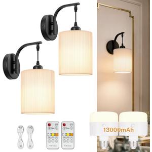 Battery Operated Wall Sconce Set of Two, Pleated Fabric Rechargeable Wireless Wall Sconces with 13000mAh Bulb & Dimmable, Battery Sconces Wall Light Decor Set of 2 for Living Room, Black