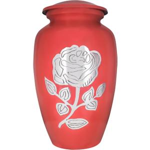 Urn for Ashes for Woman & Man, Cremation Urns for Human Ashes Adult Female or Male, Burial, Decorative Urns for Funeral, Hand Engraved Silver Rose, Red Flowers Urn - Large Full Size