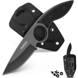 Omesio Small Fixed Blade Knife, Tactical Hunting Camping Knife with Kydex Sheath, Full Tang Stainless Steel Compact EDC Neck G10 Handle with Gift Box for Men (Black)