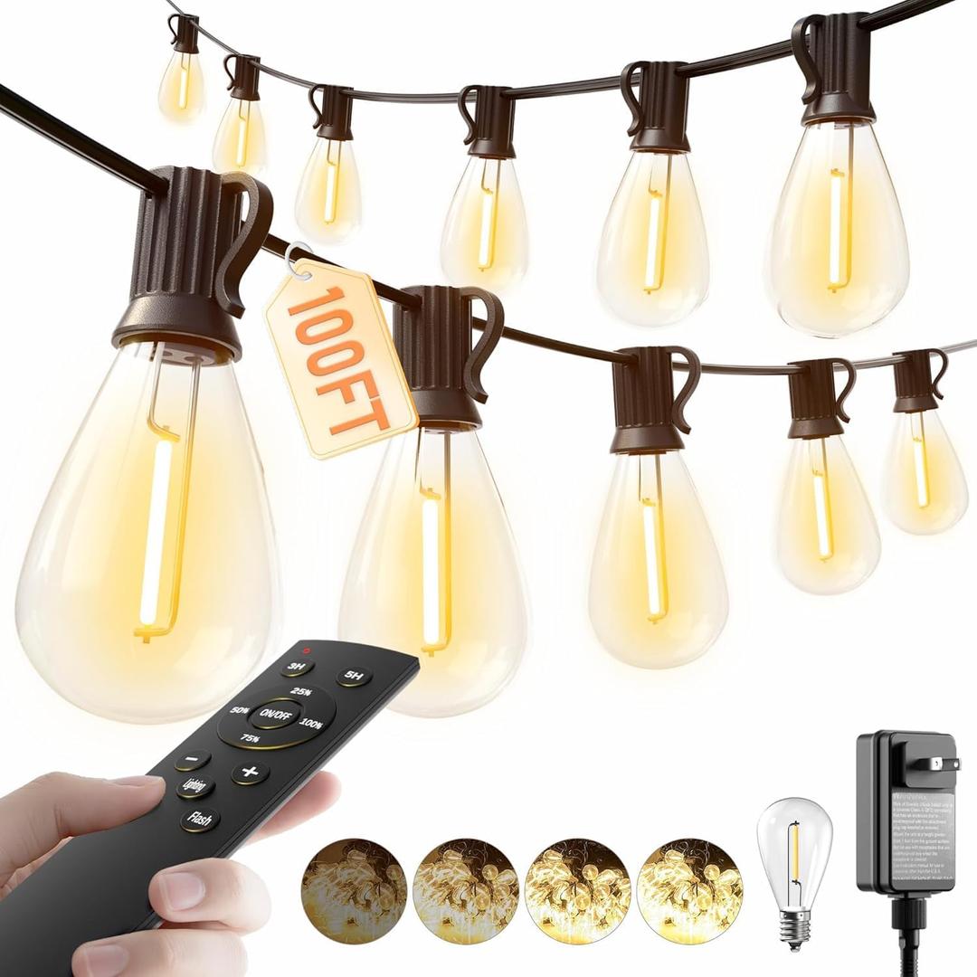 luckystyle 100FT LED Outdoor String Lights with Remote, 35+ 1 Shatterproof Bulbs Waterproof and Dimmable Patio Lights for Porch, Garden, Backyard, Deck, Balcony, 2700K Hanging Lighting (Warm White-2700K)