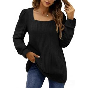 BKHOLL Women Tunic Tops Square Neck Blouse Long Puff Sleeve Shirts Loose Fit Sweater Casual Tops Fall Fashion Black, XXL
