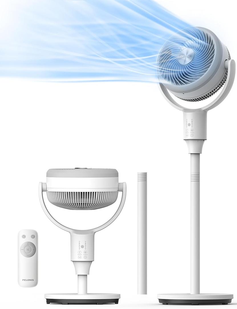 PELONIS Pedestal Fan, Air Circulator, Ultra OmniFlow (135+90 Auto Oscillation), Quiet Floor Fan with 3 Speeds, Remote, 7H Timer, Memory Function, Adjustable Height, Standing Fan for Bedroom (White)